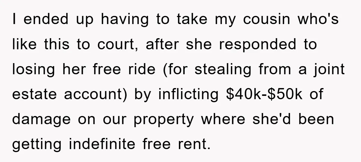 I ended up having to take my cousin who's like this to court, after she responded to losing her free ride (for stealing from a joint estate account) by inflicting...