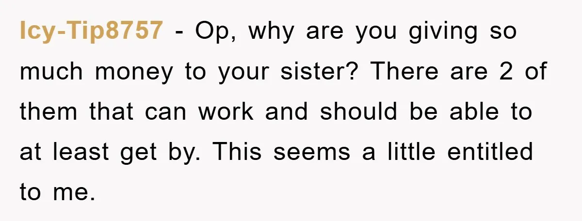 Icy-Tip8757 − Op, why are you giving so much money to your sister? There are 2 of them that can work and should be able to at least get by....