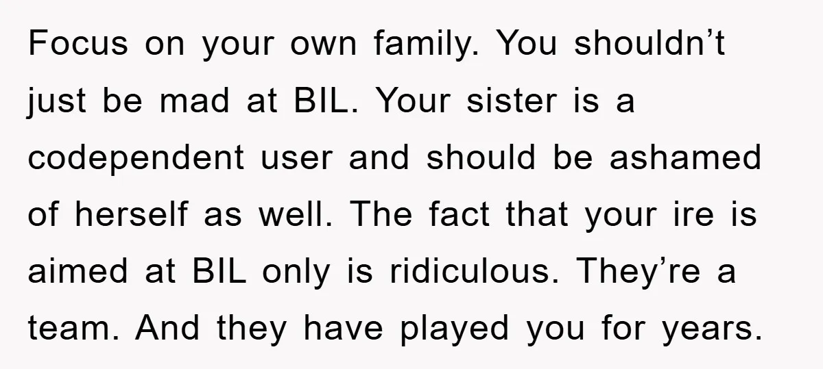 Focus on your own family. You shouldn’t just be mad at BIL. Your sister is a codependent user and should be ashamed of herself as well. The fact that your...