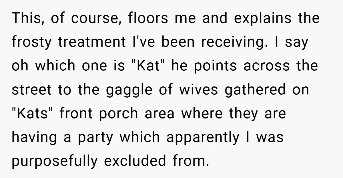 This, of course, floors me and explains the frosty treatment I've been receiving. I say oh which one is "Kat" he points across the street to the gaggle of wives...