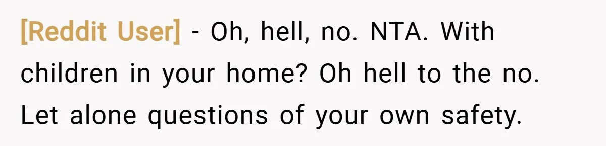 [Reddit User] − Oh, hell, no. NTA. With children in your home? Oh hell to the no. Let alone questions of your own safety.