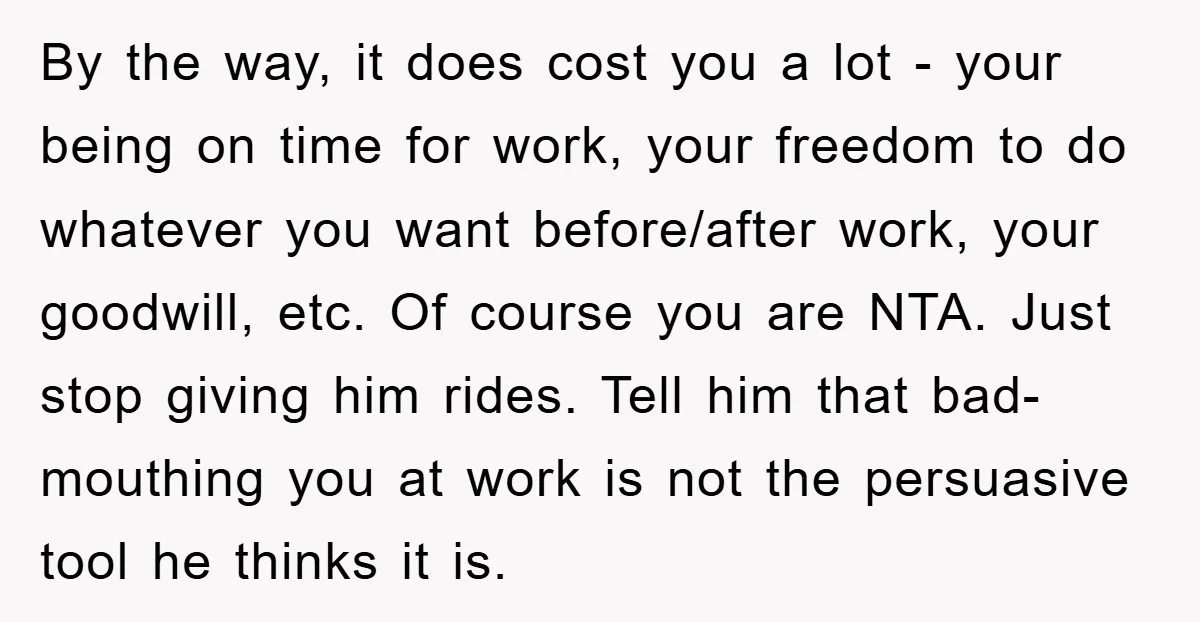 By the way, it does cost you a lot - your being on time for work, your freedom to do whatever you want before/after work, your goodwill, etc. Of course...