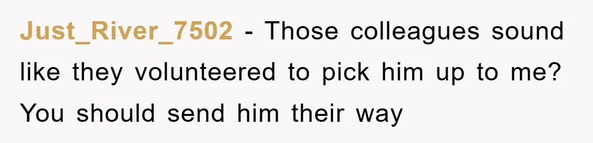 Just_River_7502 − Those colleagues sound like they volunteered to pick him up to me? You should send him their way