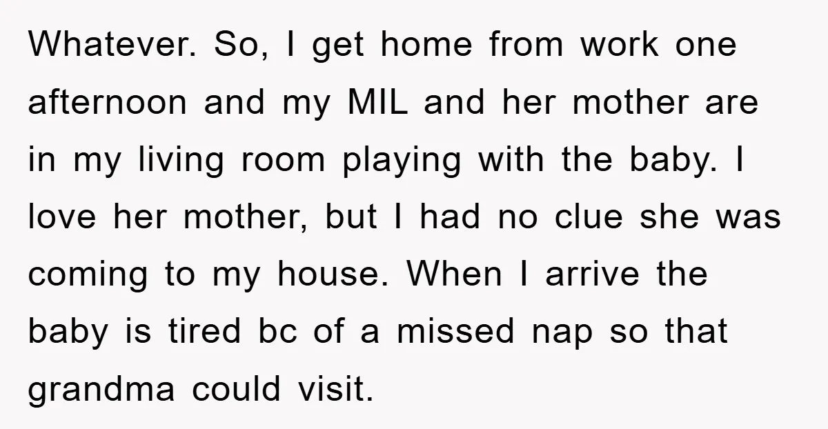 Whatever. So, I get home from work one afternoon and my MIL and her mother are in my living room playing with the baby. I love her mother, but I...