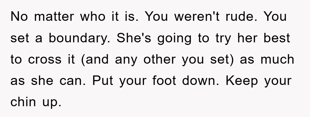 No matter who it is. You weren't rude. You set a boundary. She's going to try her best to cross it (and any other you set) as much as she...