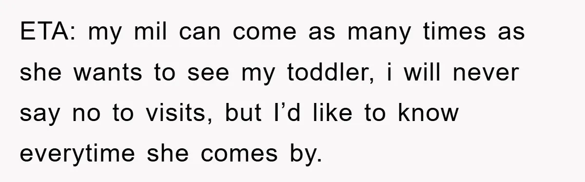 ETA: my mil can come as many times as she wants to see my toddler, i will never say no to visits, but I’d like to know everytime she comes...