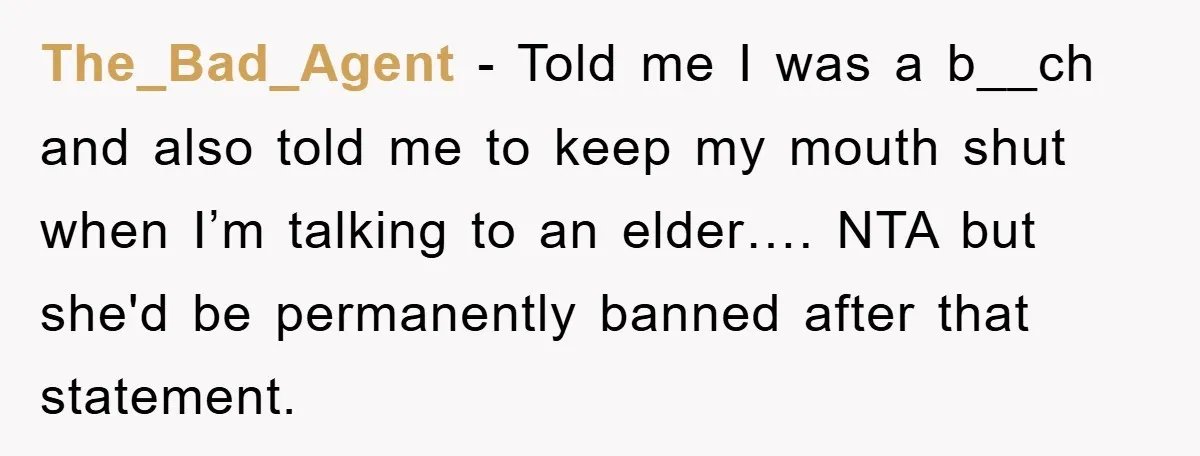 The_Bad_Agent − Told me I was a b__ch and also told me to keep my mouth shut when I’m talking to an elder…. NTA but she'd be permanently banned after...