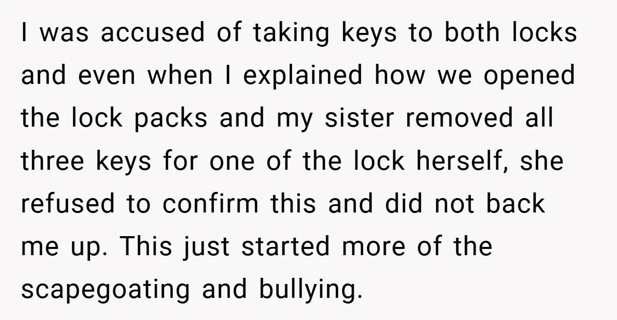 I was accused of taking keys to both locks and even when I explained how we opened the lock packs and my sister removed all three keys for one of...