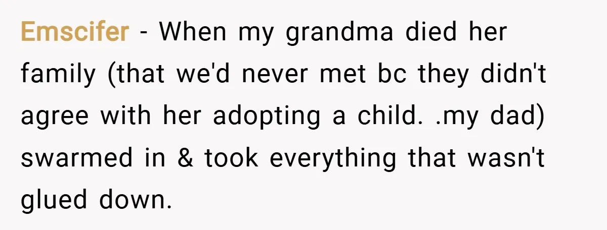 Emscifer − When my grandma died her family (that we'd never met bc they didn't agree with her adopting a child. .my dad) swarmed in & took everything that wasn't...