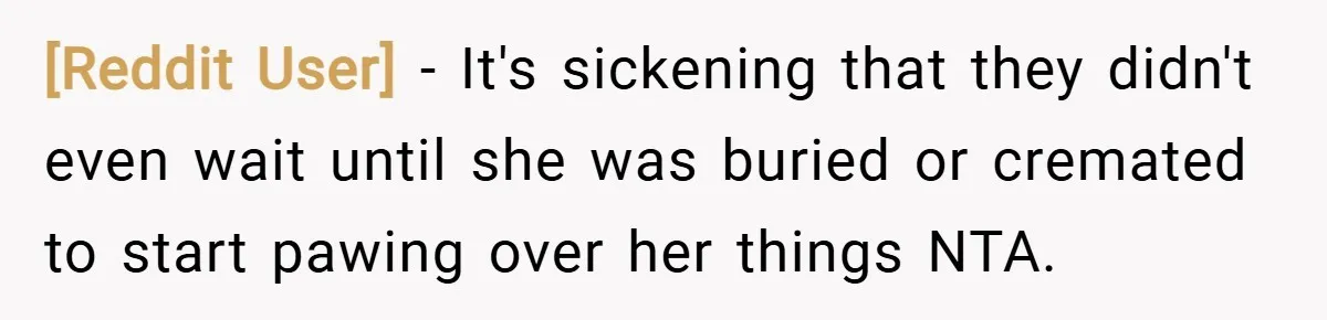 [Reddit User] − It's sickening that they didn't even wait until she was buried or cremated to start pawing over her things  NTA.