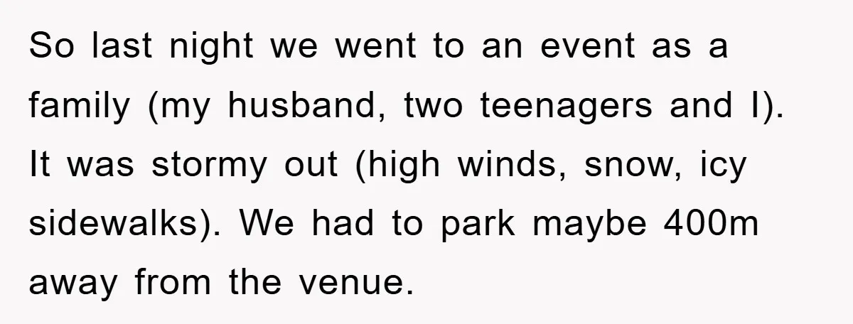 So last night we went to an event as a family (my husband, two teenagers and I). It was stormy out (high winds, snow, icy sidewalks). We had to park...