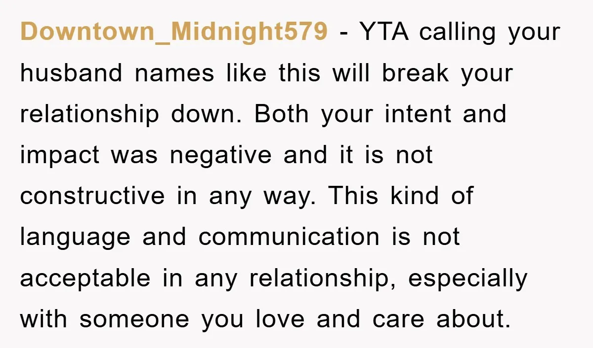 Downtown_Midnight579 − YTA calling your husband names like this will break your relationship down. Both your intent and impact was negative and it is not constructive in any way. This...