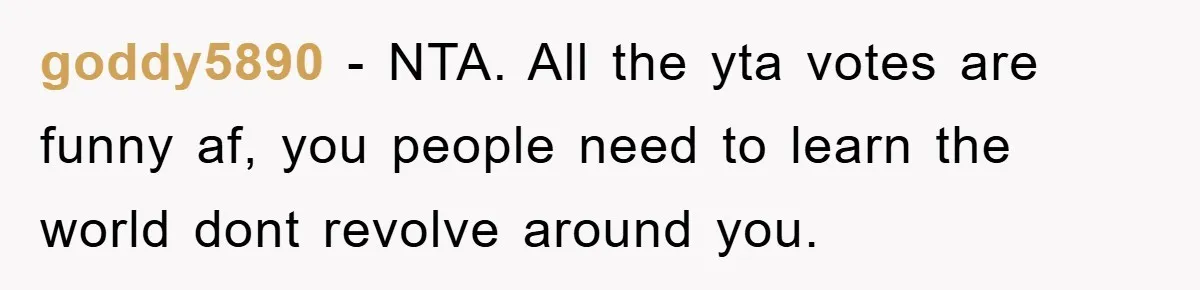goddy5890 − NTA. All the yta votes are funny af, you people need to learn the world dont revolve around you.