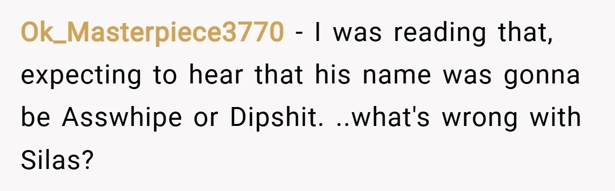 Ok_Masterpiece3770 − I was reading that, expecting to hear that his name was gonna be Asswhipe or Dipshit. ..what's wrong with Silas?