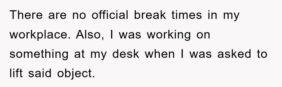There are no official break times in my workplace. Also, I was working on something at my desk when I was asked to lift said object.