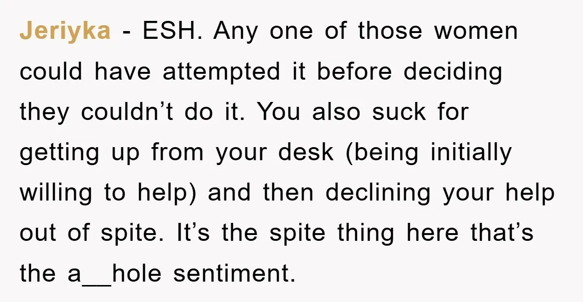 Jeriyka − ESH. Any one of those women could have attempted it before deciding they couldn’t do it. You also suck for getting up from your desk (being initially willing...