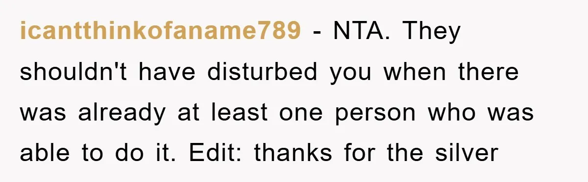 icantthinkofaname789 − NTA. They shouldn't have disturbed you when there was already at least one person who was able to do it. Edit: thanks for the silver