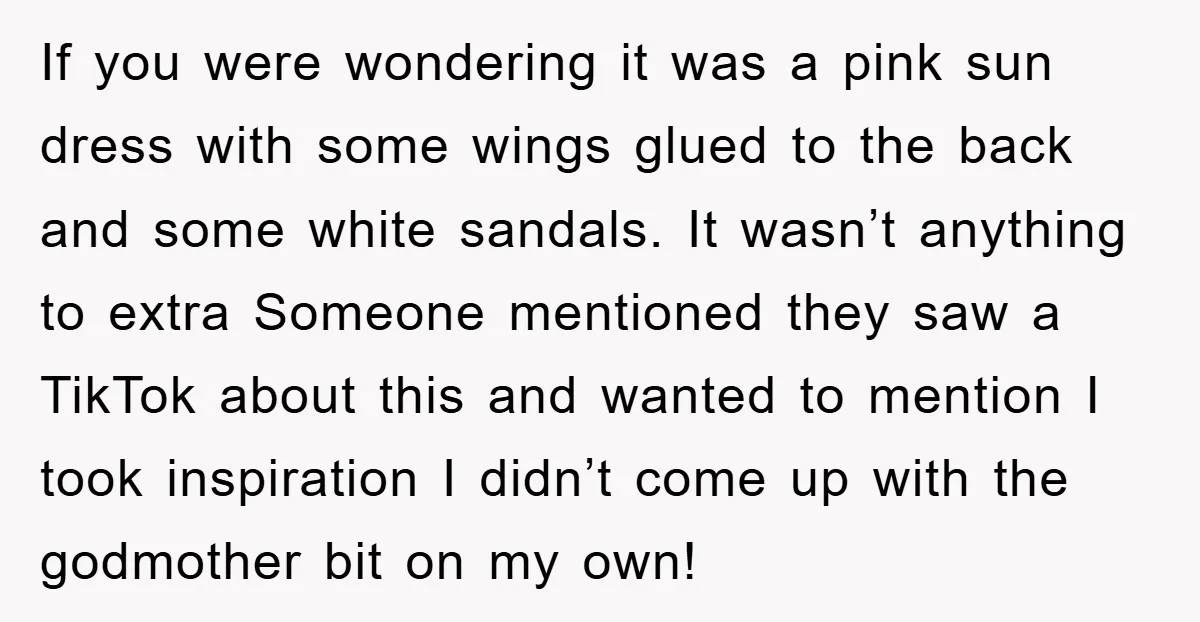 If you were wondering it was a pink sun dress with some wings glued to the back and some white sandals. It wasn’t anything to extra Someone mentioned they saw...
