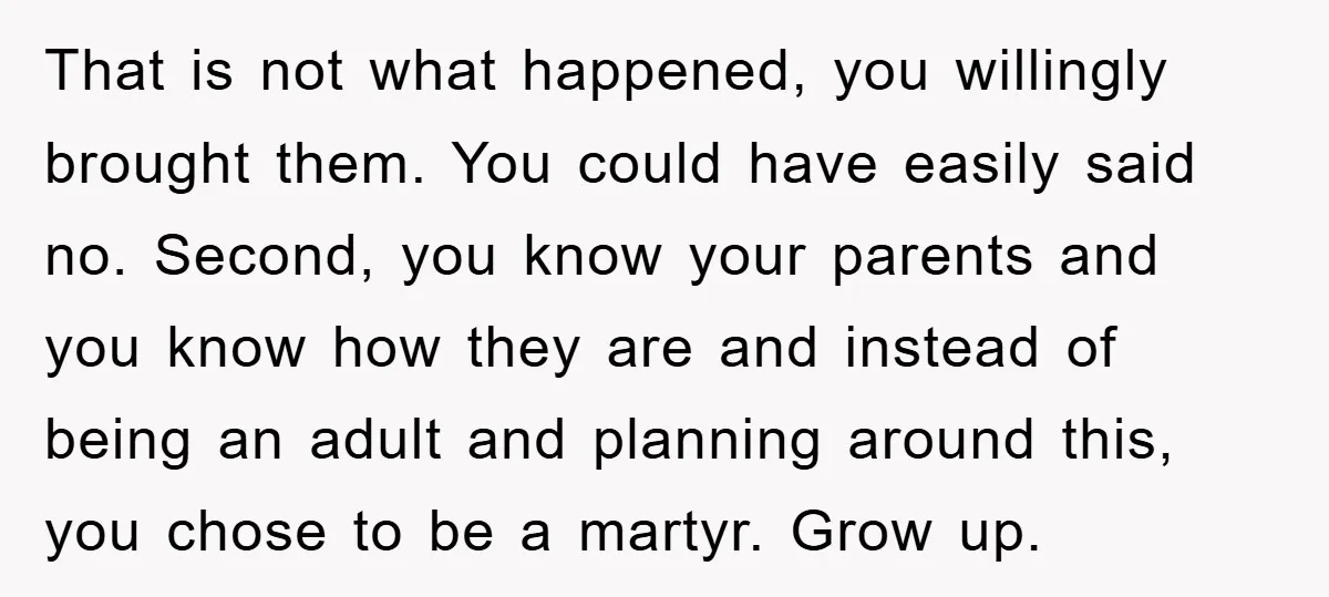 That is not what happened, you willingly brought them. You could have easily said no. Second, you know your parents and you know how they are and instead of being...