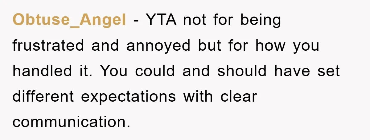 Obtuse_Angel − YTA not for being frustrated and annoyed but for how you handled it. You could and should have set different expectations with clear communication.