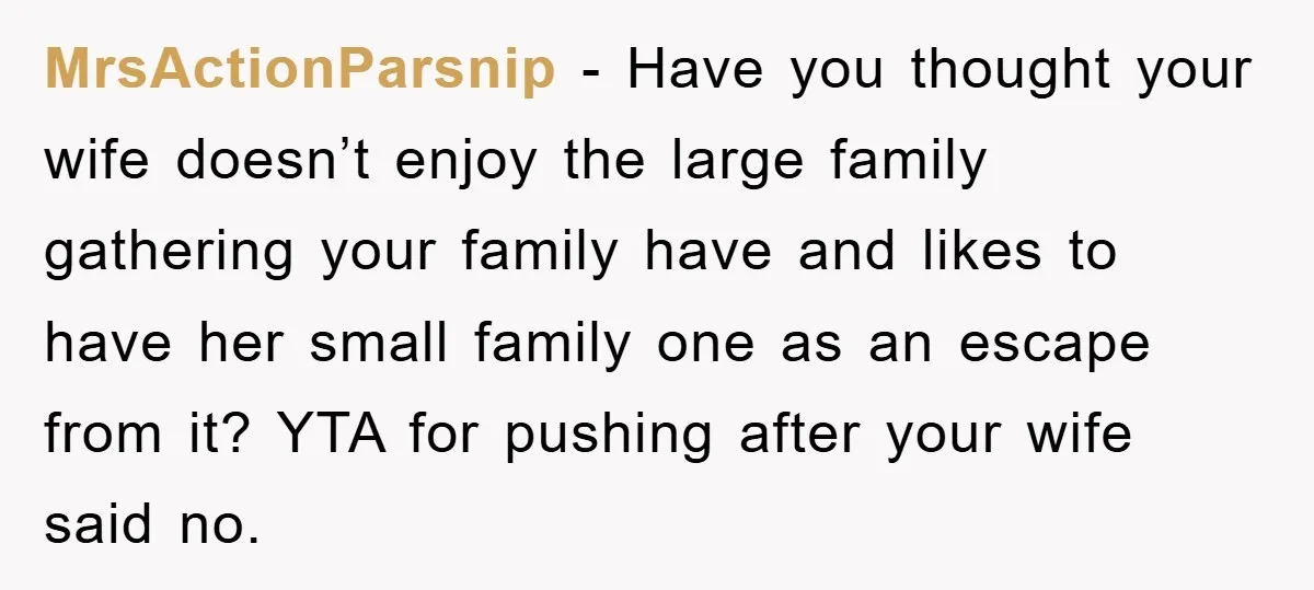 MrsActionParsnip - Have you thought your wife doesn’t enjoy the large family gathering your family have and likes to have her small family one as an escape from it? YTA...