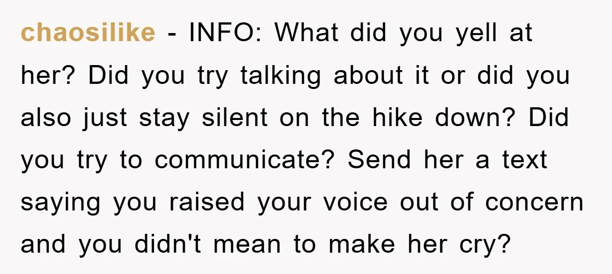 chaosilike − INFO: What did you yell at her? Did you try talking about it or did you also just stay silent on the hike down? Did you try to...