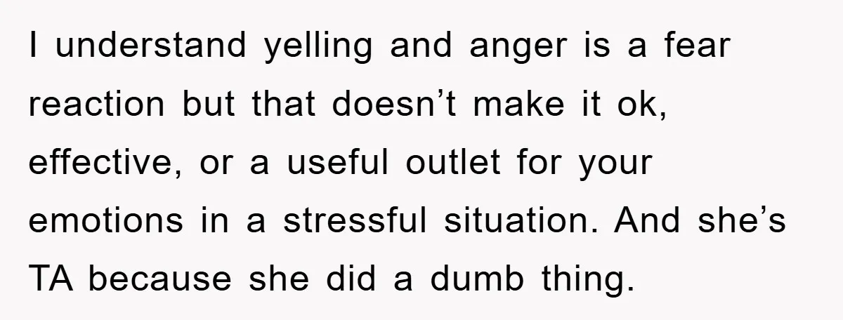 I understand yelling and anger is a fear reaction but that doesn’t make it ok, effective, or a useful outlet for your emotions in a stressful situation. And she’s TA...