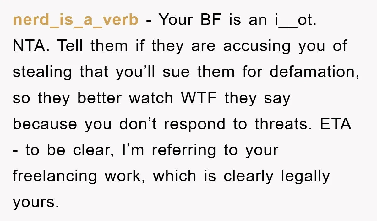 nerd_is_a_verb - Your BF is an i__ot. NTA. Tell them if they are accusing you of stealing that you’ll sue them for defamation, so they better watch WTF they say...