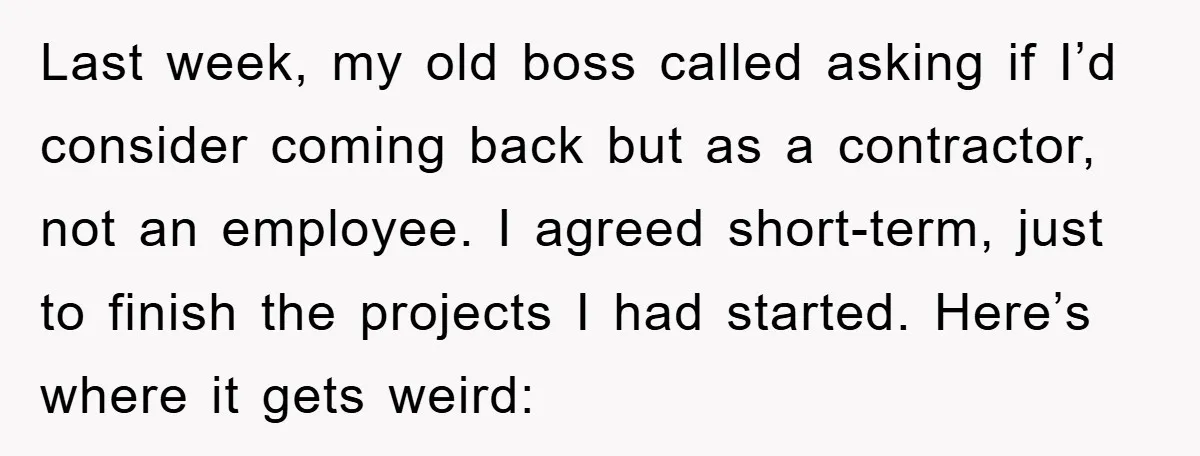 Last week, my old boss called asking if I’d consider coming back but as a contractor, not an employee. I agreed short-term, just to finish the projects I had started....