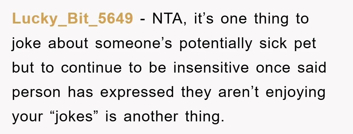 Lucky_Bit_5649 − NTA, it’s one thing to joke about someone’s potentially sick pet but to continue to be insensitive once said person has expressed they aren’t enjoying your “jokes” is...
