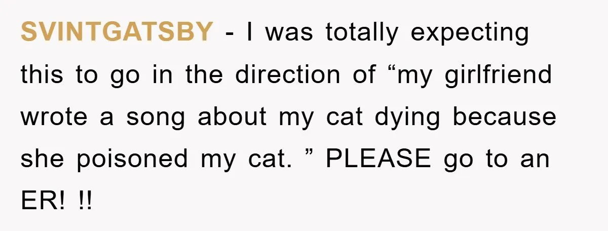 SVINTGATSBY − I was totally expecting this to go in the direction of “my girlfriend wrote a song about my cat dying because she poisoned my cat. ” PLEASE go...