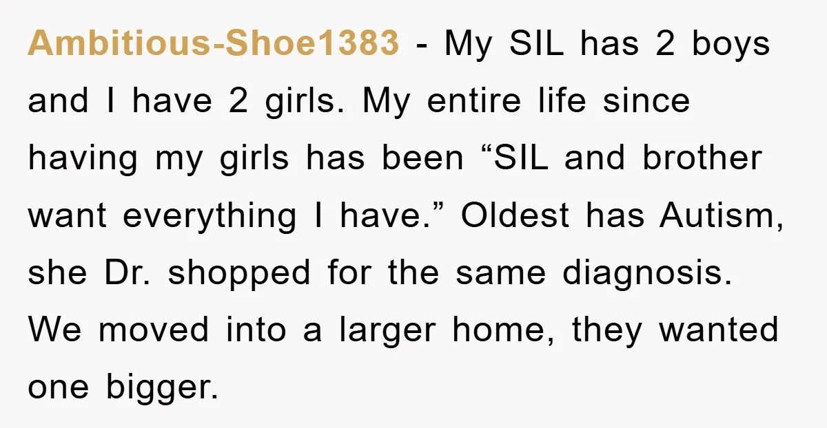 Ambitious-Shoe1383 - My SIL has 2 boys and I have 2 girls. My entire life since having my girls has been “SIL and brother want everything I have.” Oldest has...