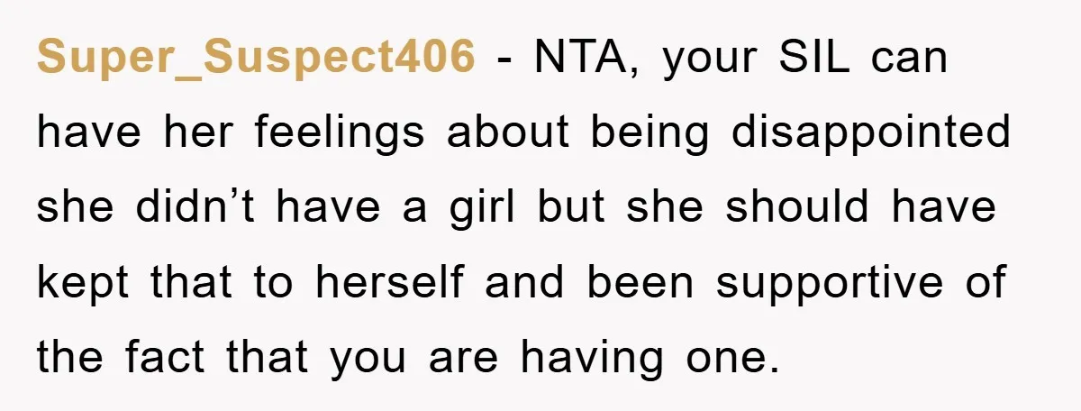 Super_Suspect406 - NTA, your SIL can have her feelings about being disappointed she didn’t have a girl but she should have kept that to herself and been supportive of the...