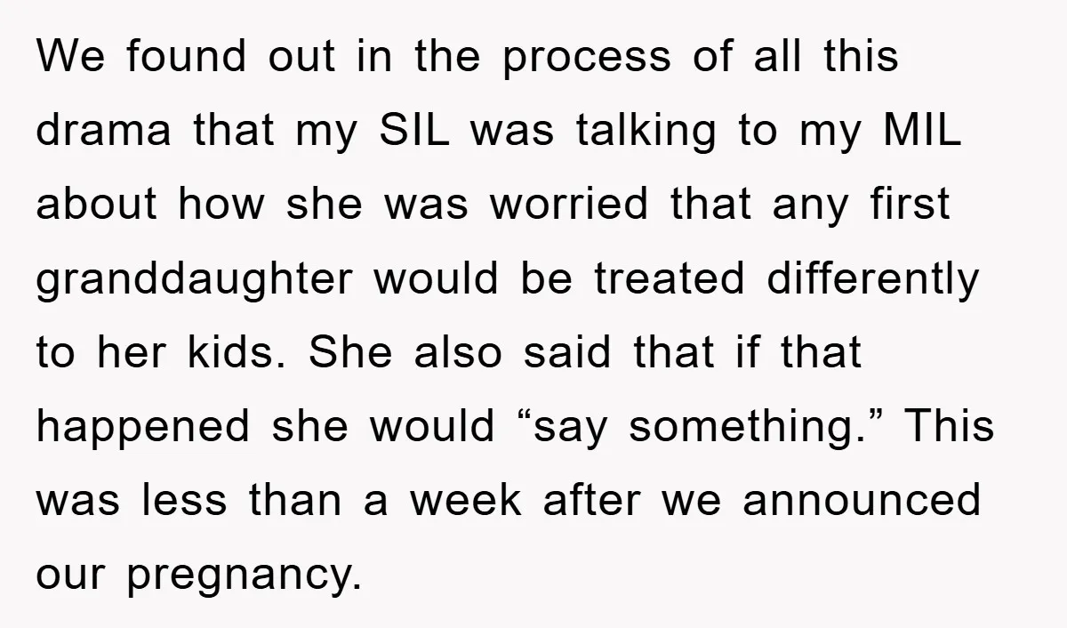 We found out in the process of all this drama that my SIL was talking to my MIL about how she was worried that any first granddaughter would be treated...