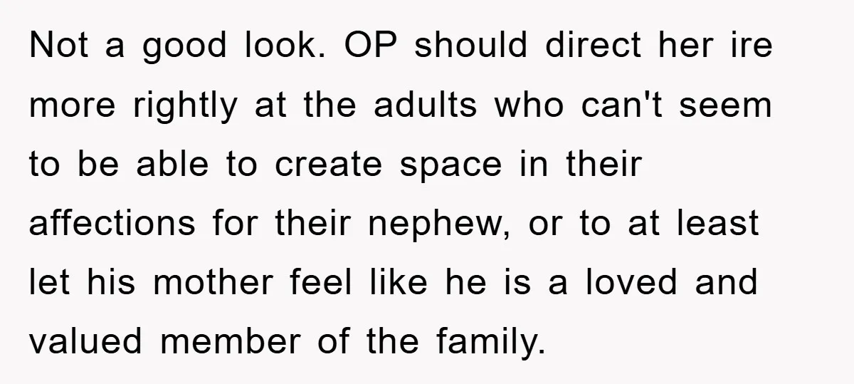 Not a good look. OP should direct her ire more rightly at the adults who can't seem to be able to create space in their affections for their nephew, or...