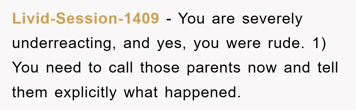 Livid-Session-1409 - You are severely underreacting, and yes, you were rude. 1) You need to call those parents now and tell them explicitly what happened.