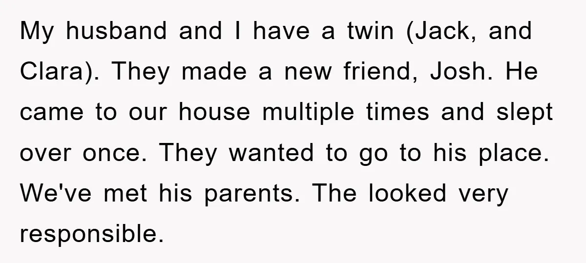 My husband and I have a twin (Jack, and Clara). They made a new friend, Josh. He came to our house multiple times and slept over once. They wanted to...