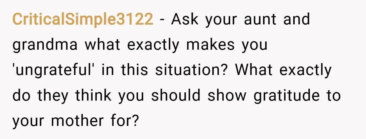 CriticalSimple3122 − Ask your aunt and grandma what exactly makes you 'ungrateful' in this situation? What exactly do they think you should show gratitude to your mother for?