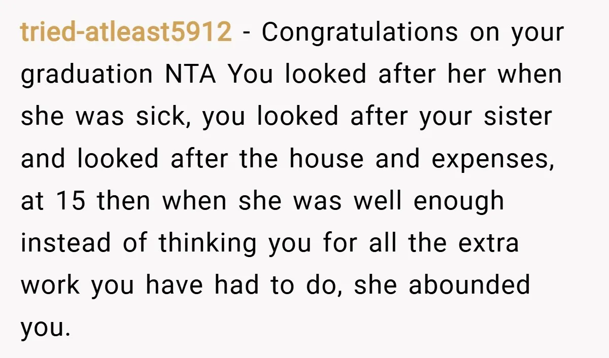 tried-atleast5912 − Congratulations on your graduation NTA You looked after her when she was sick, you looked after your sister and looked after the house and expenses, at 15 then...