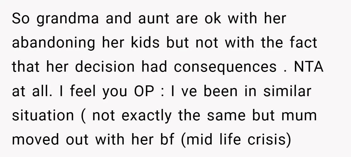 So grandma and aunt are ok with her abandoning her kids but not with the fact that her decision had consequences . NTA at all. I feel you OP :...
