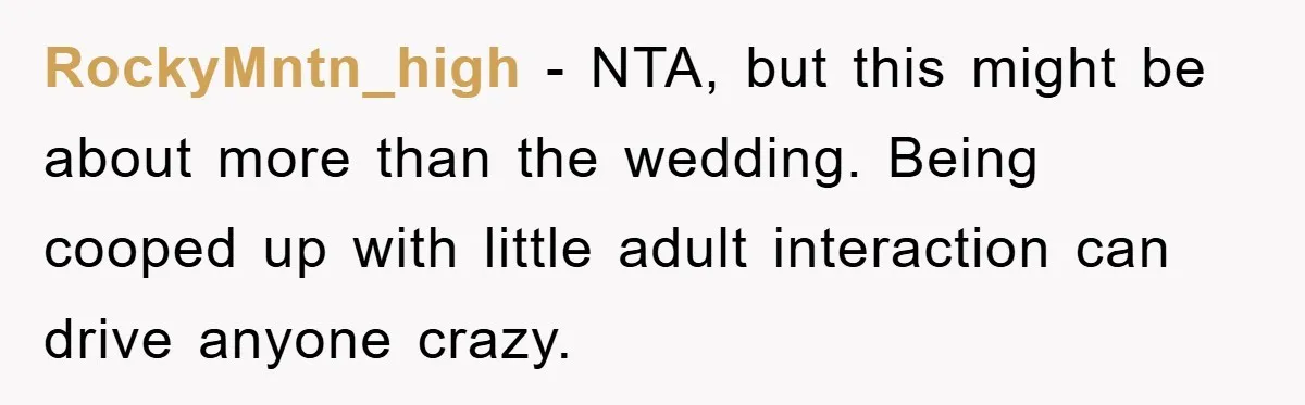 RockyMntn_high - NTA, but this might be about more than the wedding. Being cooped up with little adult interaction can drive anyone crazy.