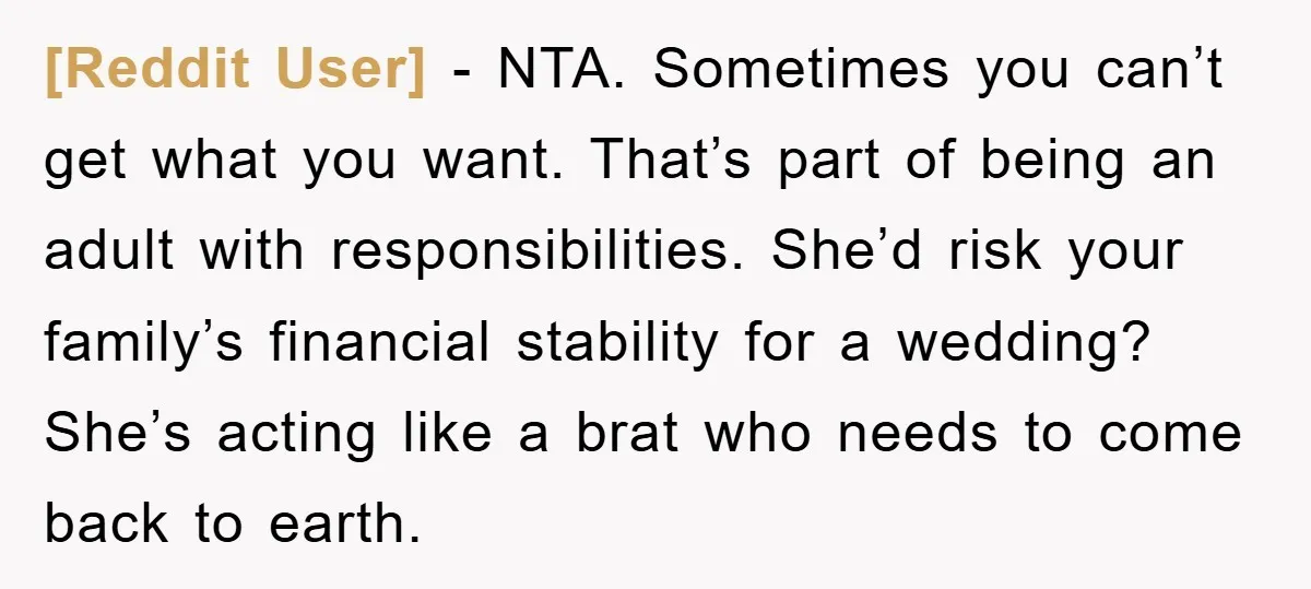 [Reddit User] - NTA. Sometimes you can’t get what you want. That’s part of being an adult with responsibilities. She’d risk your family’s financial stability for a wedding? She’s acting...
