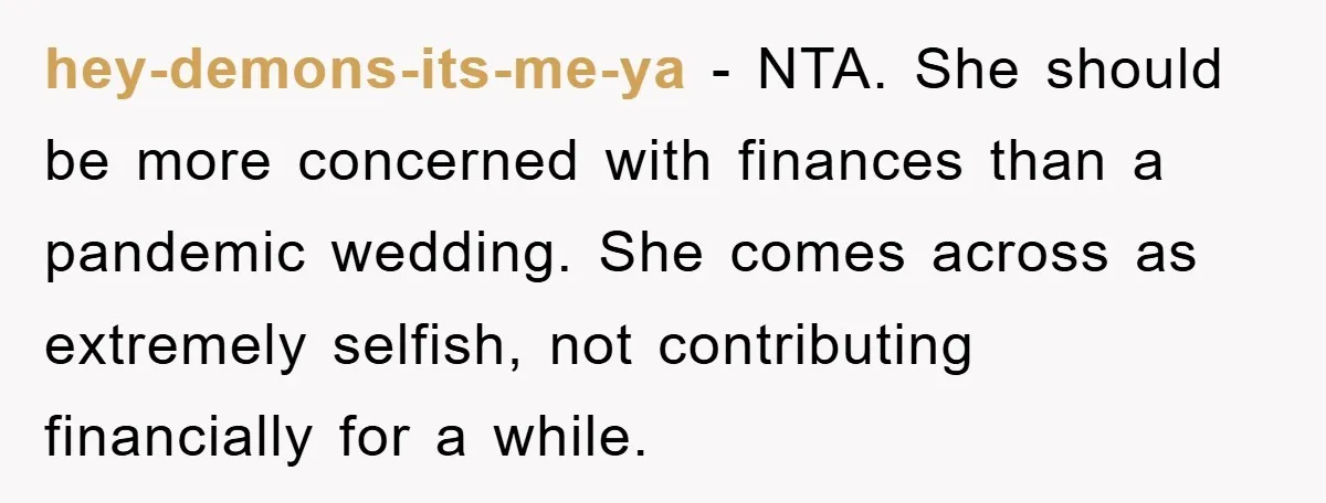 hey-demons-its-me-ya - NTA. She should be more concerned with finances than a pandemic wedding. She comes across as extremely selfish, not contributing financially for a while.