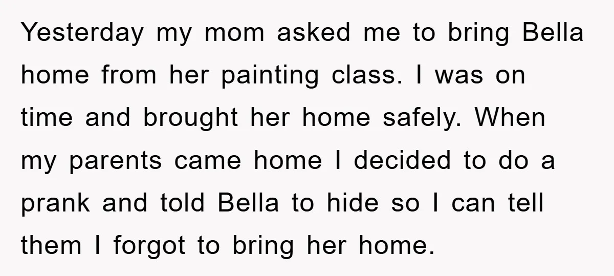 Yesterday my mom asked me to bring Bella home from her painting class. I was on time and brought her home safely. When my parents came home I decided to...