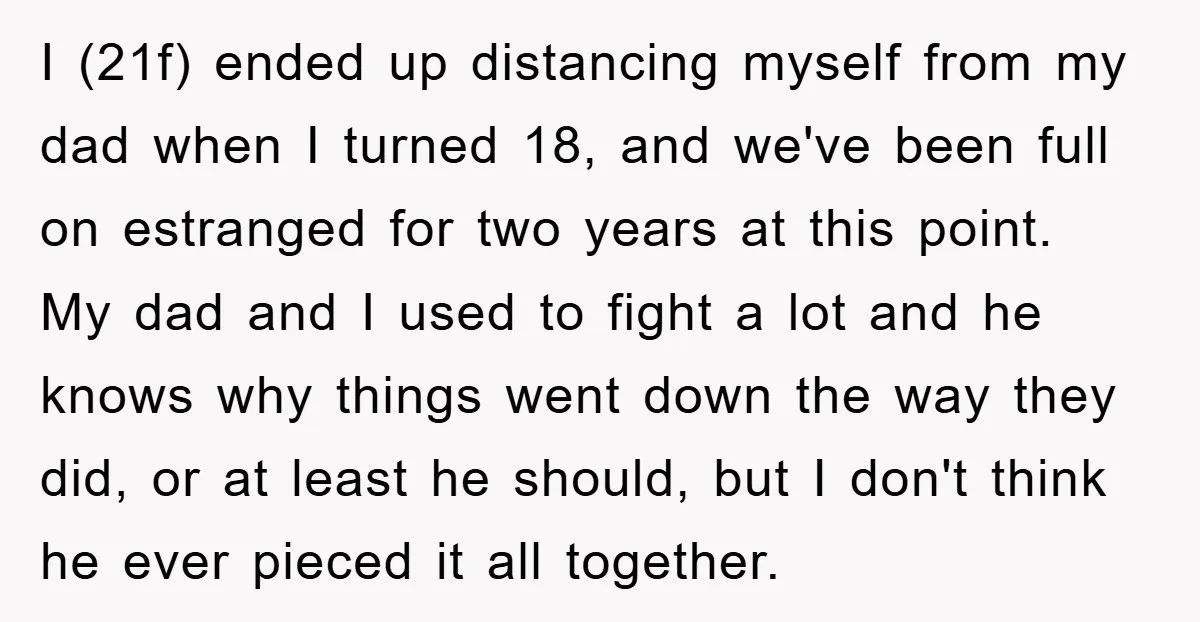 I (21f) ended up distancing myself from my dad when I turned 18, and we've been full on estranged for two years at this point. My dad and I used...