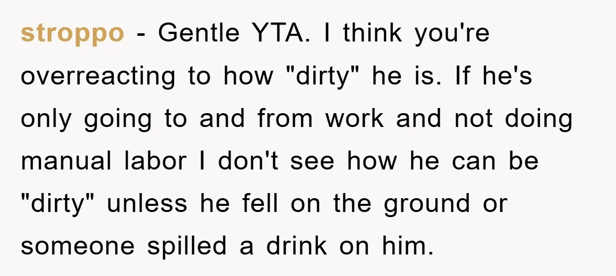 stroppo − Gentle YTA. I think you're overreacting to how "dirty" he is. If he's only going to and from work and not doing manual labor I don't see how...