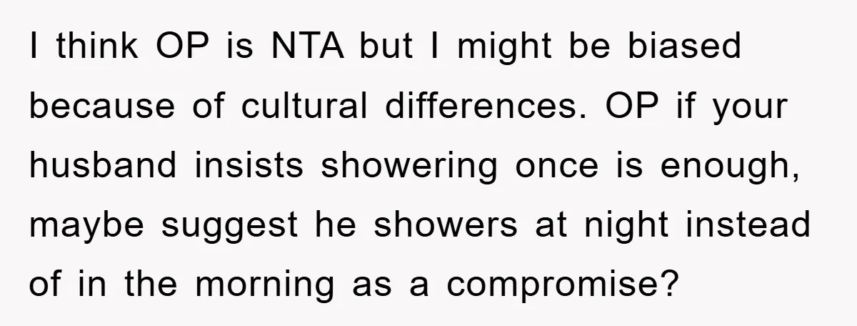 I think OP is NTA but I might be biased because of cultural differences. OP if your husband insists showering once is enough, maybe suggest he showers at night instead...
