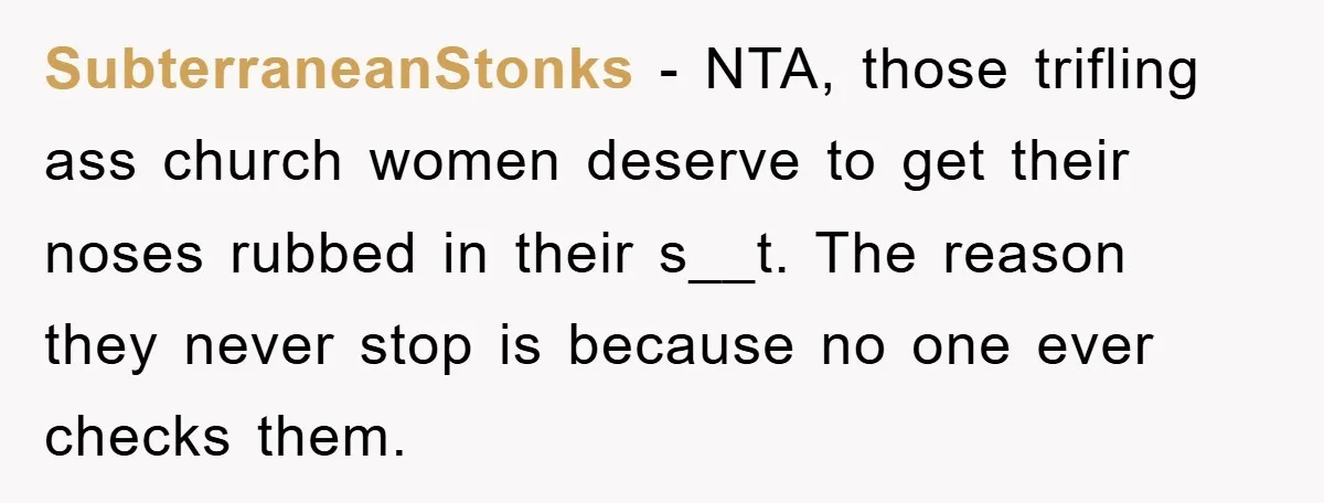 SubterraneanStonks − NTA, those trifling ass church women deserve to get their noses rubbed in their s__t. The reason they never stop is because no one ever checks them.