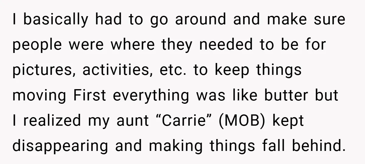 I basically had to go around and make sure people were where they needed to be for pictures, activities, etc. to keep things moving First everything was like butter but...