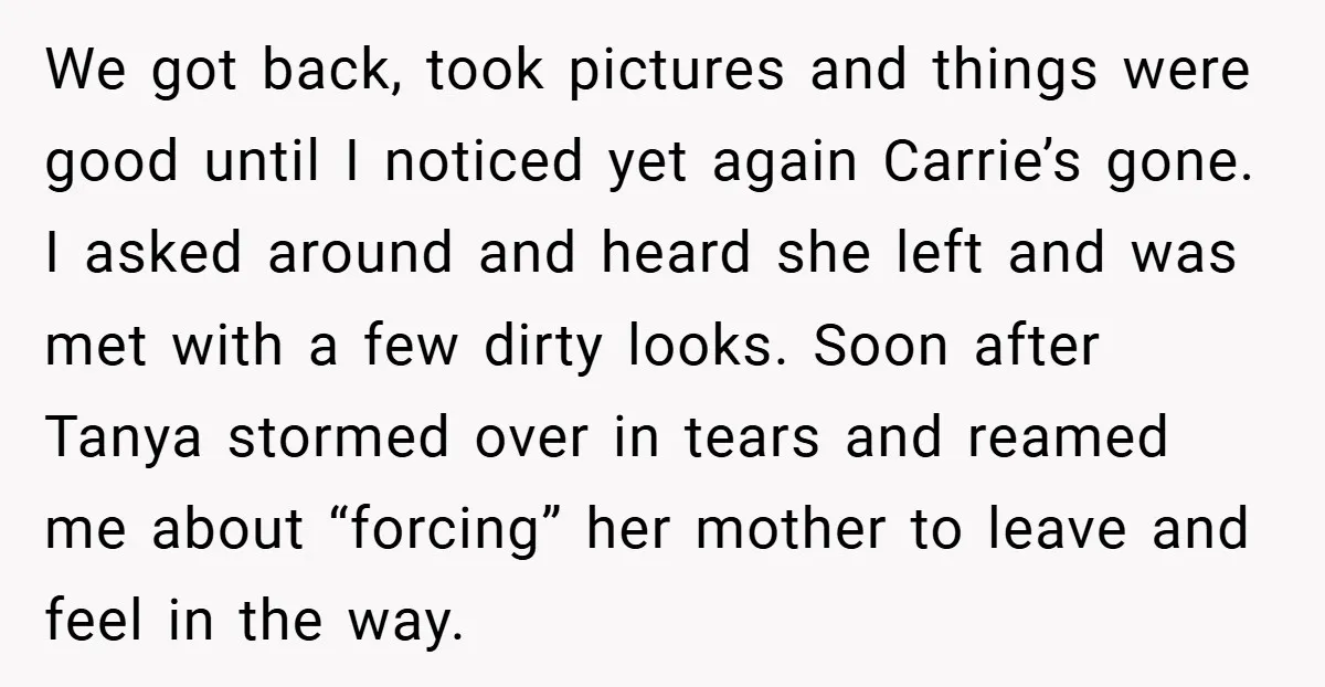 We got back, took pictures and things were good until I noticed yet again Carrie’s gone. I asked around and heard she left and was met with a few dirty...